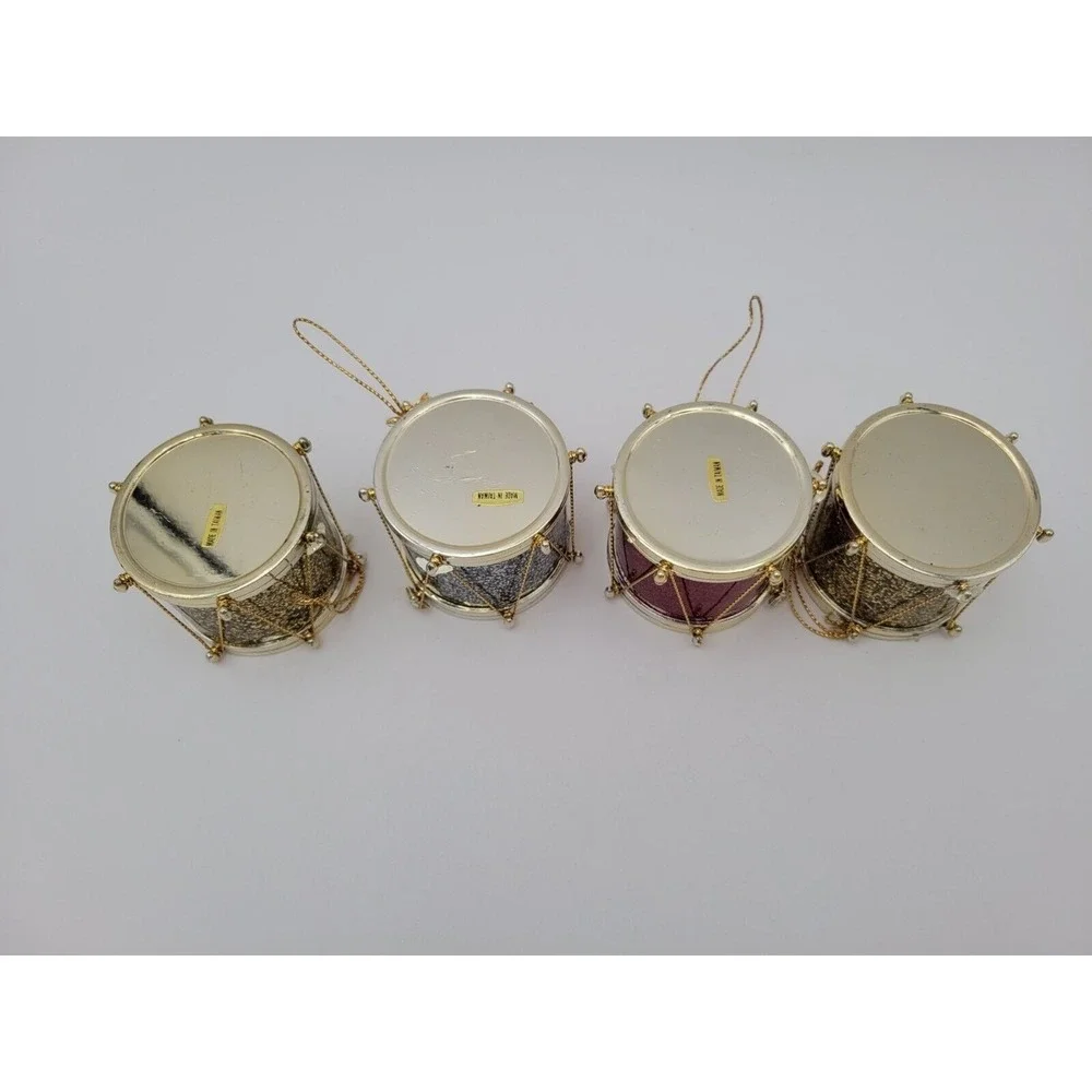 Vintage Lot Of 4 Glitter Drum Christmas‎ Ornaments Gold Red Silver Hanging